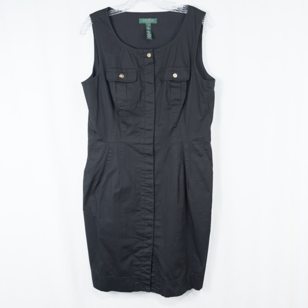 Lauren‎ Ralph Lauren Cotton Sleeveless Button Front Dress Size 14 Black Pockets